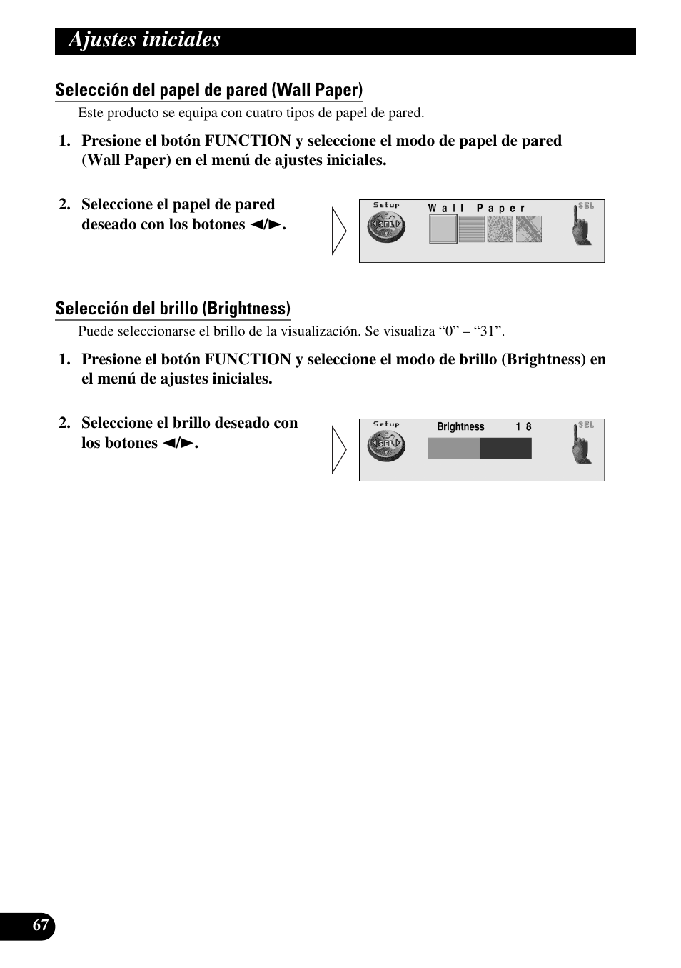 Selección del papel de pared (wall paper), Selección del brillo (brightness), Ajustes iniciales | Pioneer DEH-P90DAB User Manual | Page 140 / 148