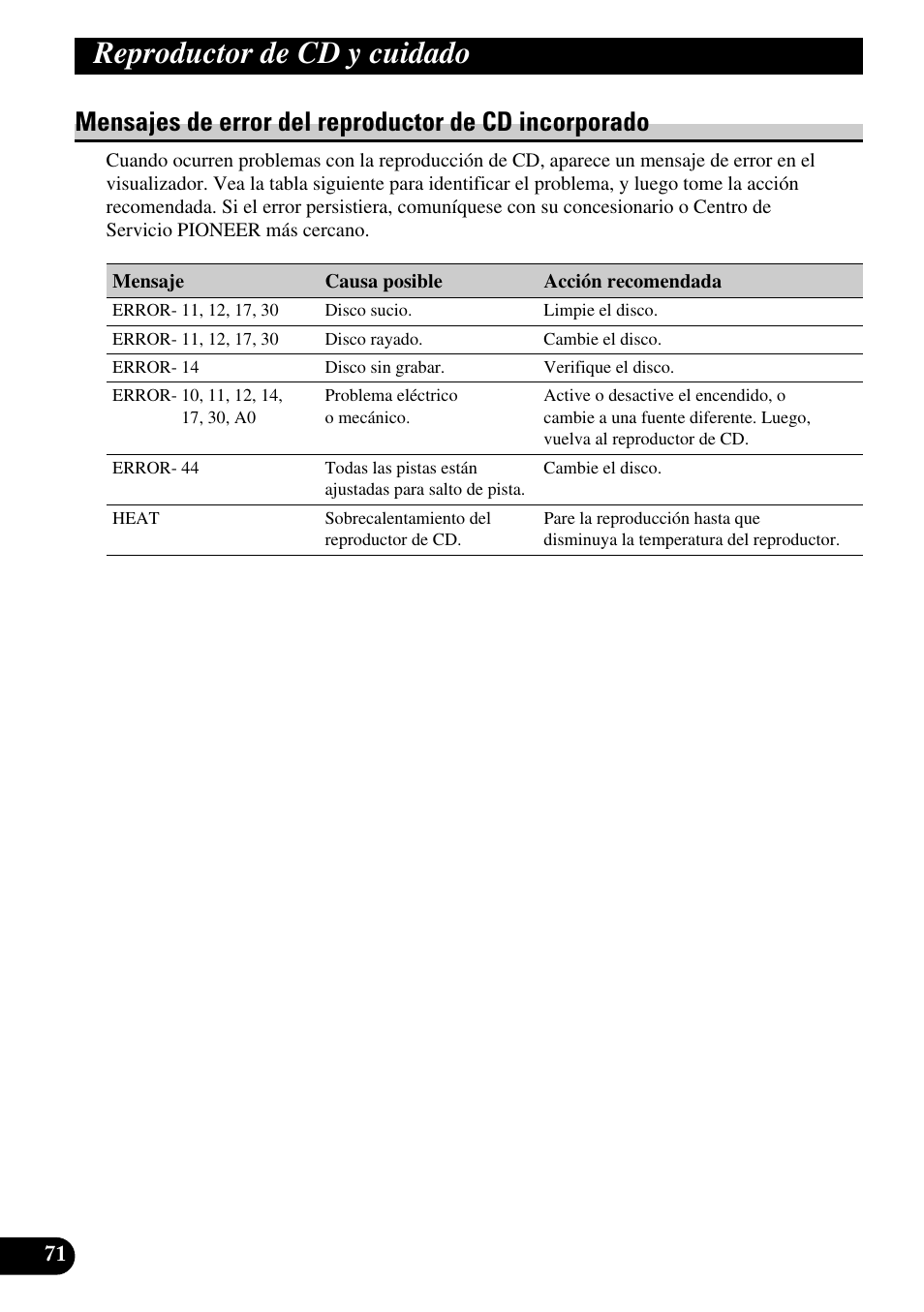 Mensajes de error del reproductor de, Cd incorporado, Reproductor de cd y cuidado | Pioneer DEH-P90DAB User Manual | Page 144 / 148