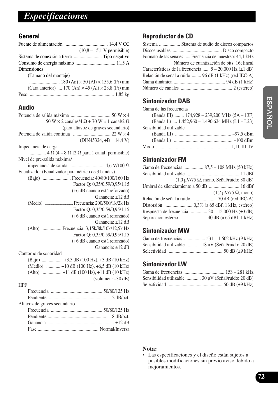 Especificaciones, A title (english) | Pioneer DEH-P90DAB User Manual | Page 145 / 148