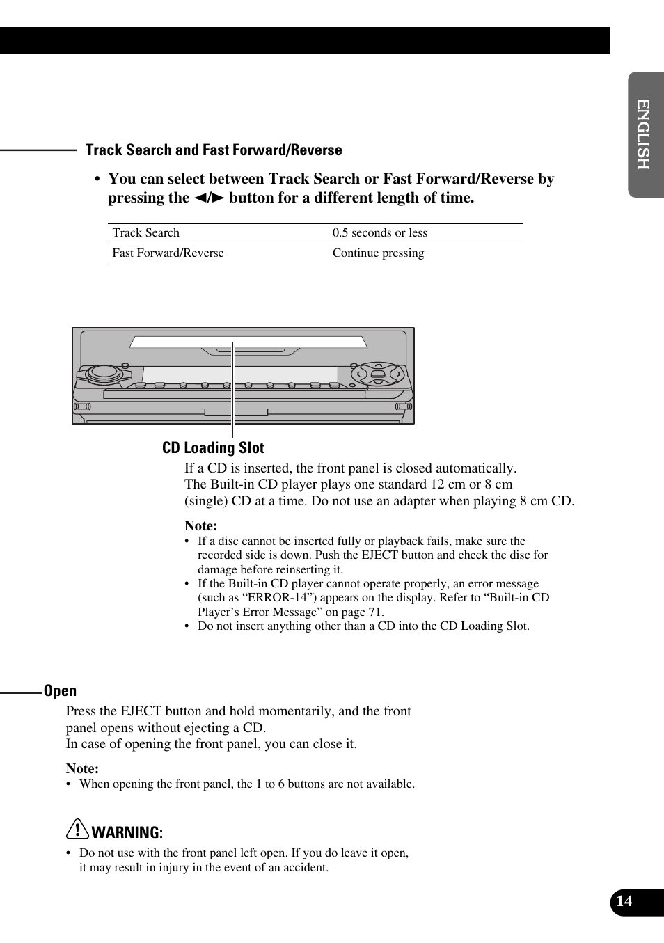 Track search and fast forward/reverse, Cd loading slot, Open | Pioneer DEH-P90DAB User Manual | Page 15 / 148