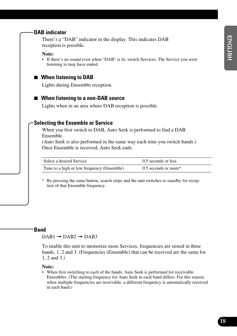 Dab indicator, Selecting the ensemble or service, Band | Pioneer DEH-P90DAB User Manual | Page 19 / 148