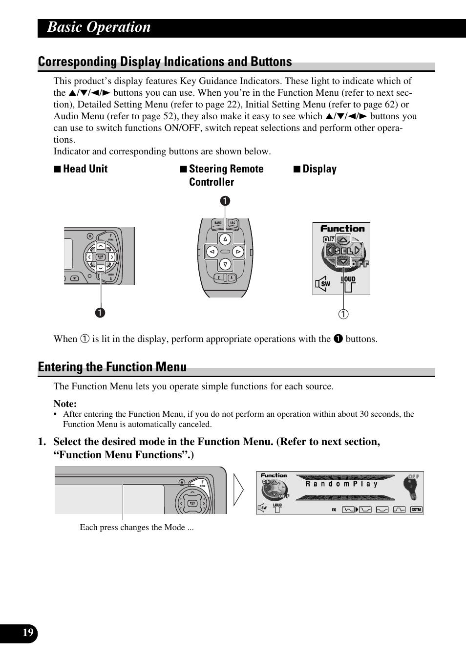 Corresponding display indications and, Buttons, Entering the function menu | Basic operation, Corresponding display indications and buttons | Pioneer DEH-P90DAB User Manual | Page 20 / 148