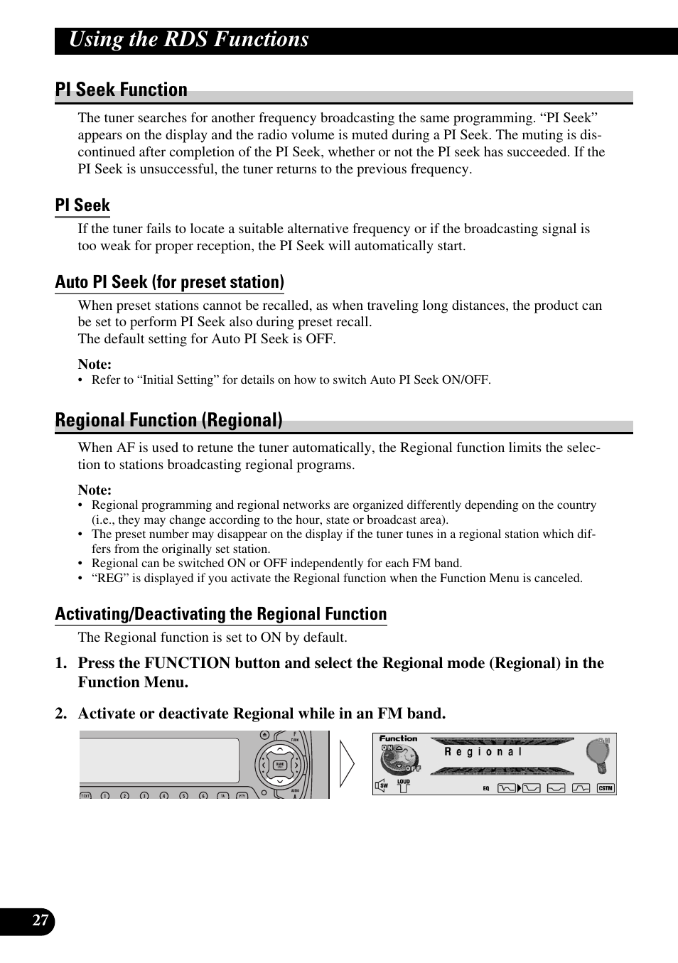 Pi seek function, Pi seek, Auto pi seek (for preset station) | Regional function (regional), Activating/deactivating, The regional function, Using the rds functions, Activating/deactivating the regional function | Pioneer DEH-P90DAB User Manual | Page 28 / 148