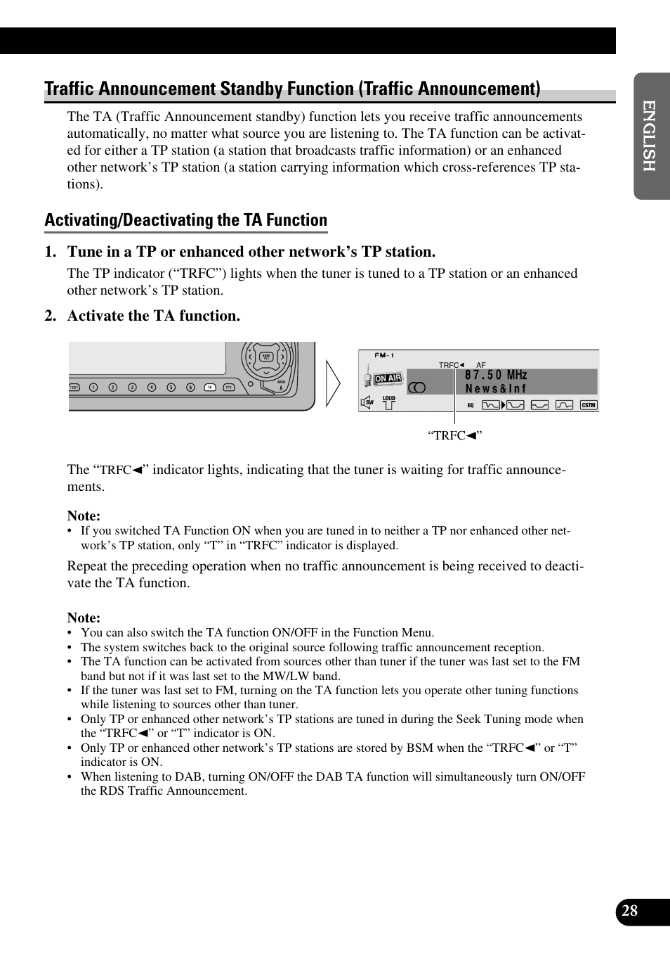 Traffic announcement standby function, Traffic announcement), Activating/deactivating the ta function | Pioneer DEH-P90DAB User Manual | Page 29 / 148