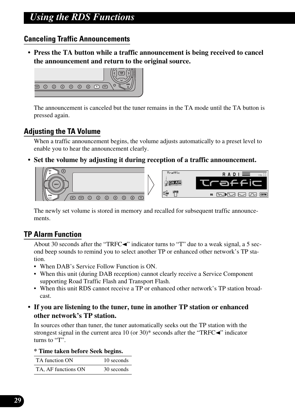 Canceling traffic announcements, Adjusting the ta volume, Tp alarm function | Using the rds functions | Pioneer DEH-P90DAB User Manual | Page 30 / 148