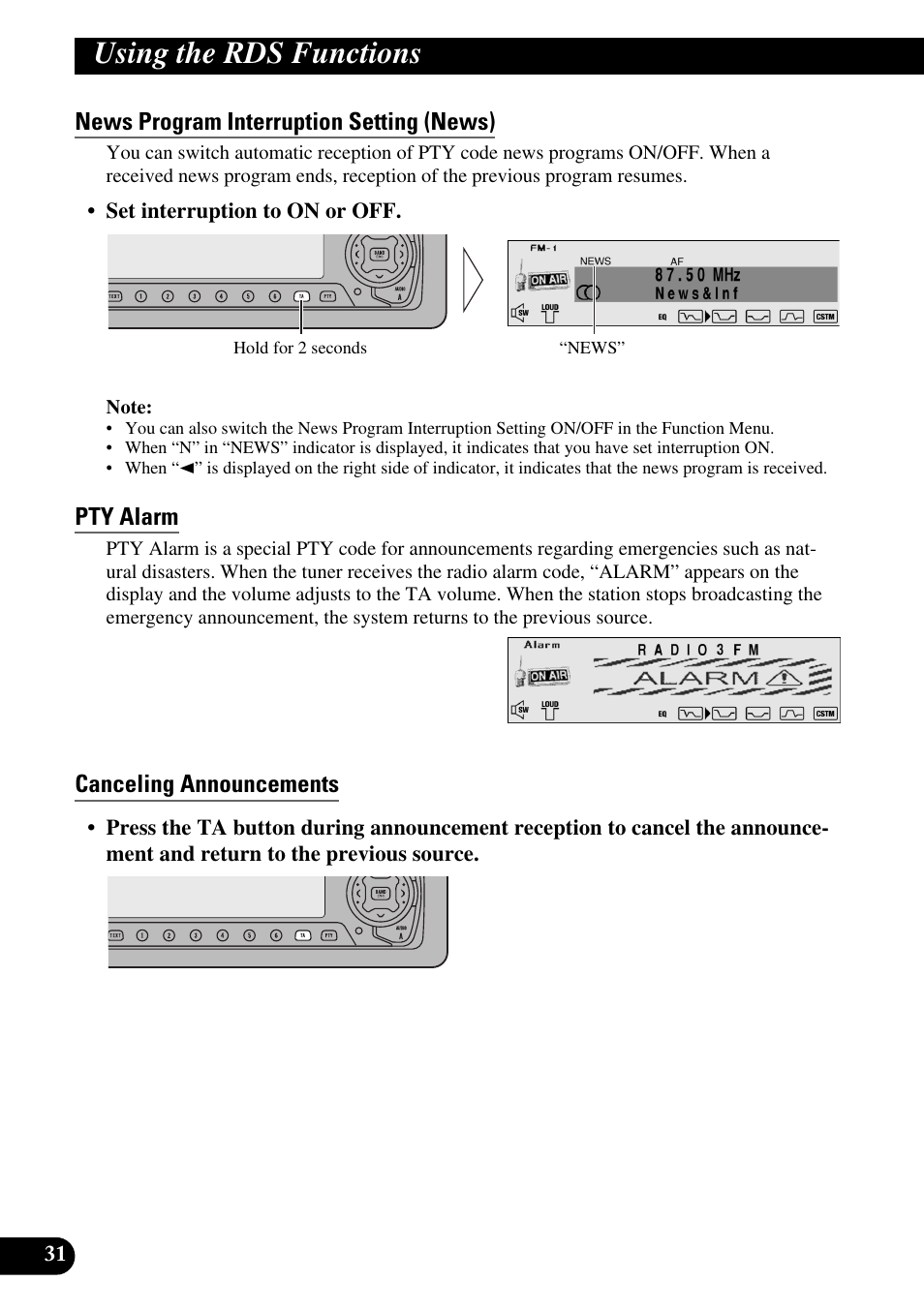 News program interruption setting (news), Pty alarm, Canceling announcements | Using the rds functions | Pioneer DEH-P90DAB User Manual | Page 32 / 148