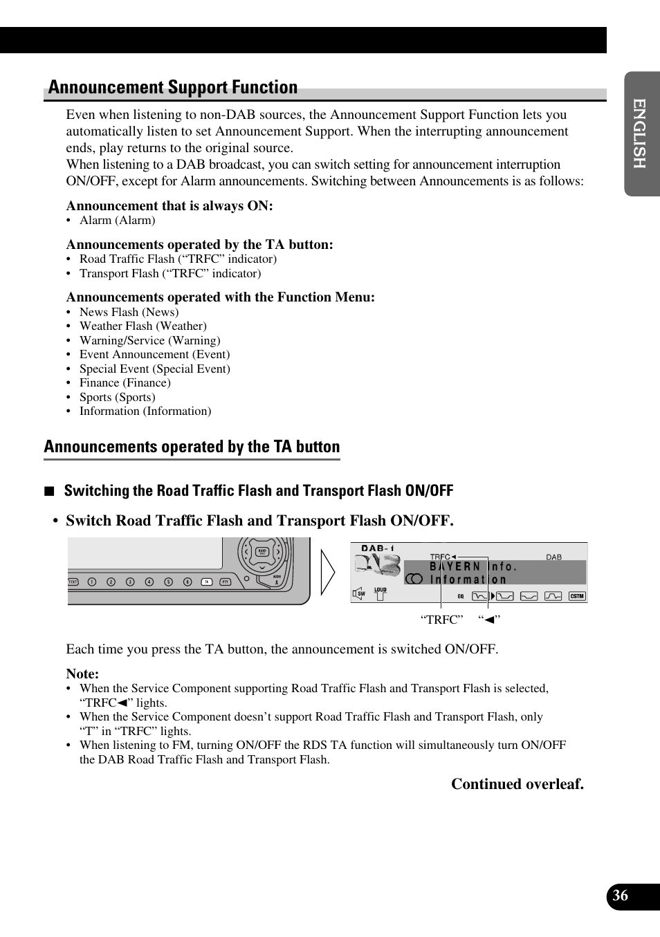 Announcement support function, Announcement operated by the ta button, Announcements operated by the ta button | Pioneer DEH-P90DAB User Manual | Page 37 / 148