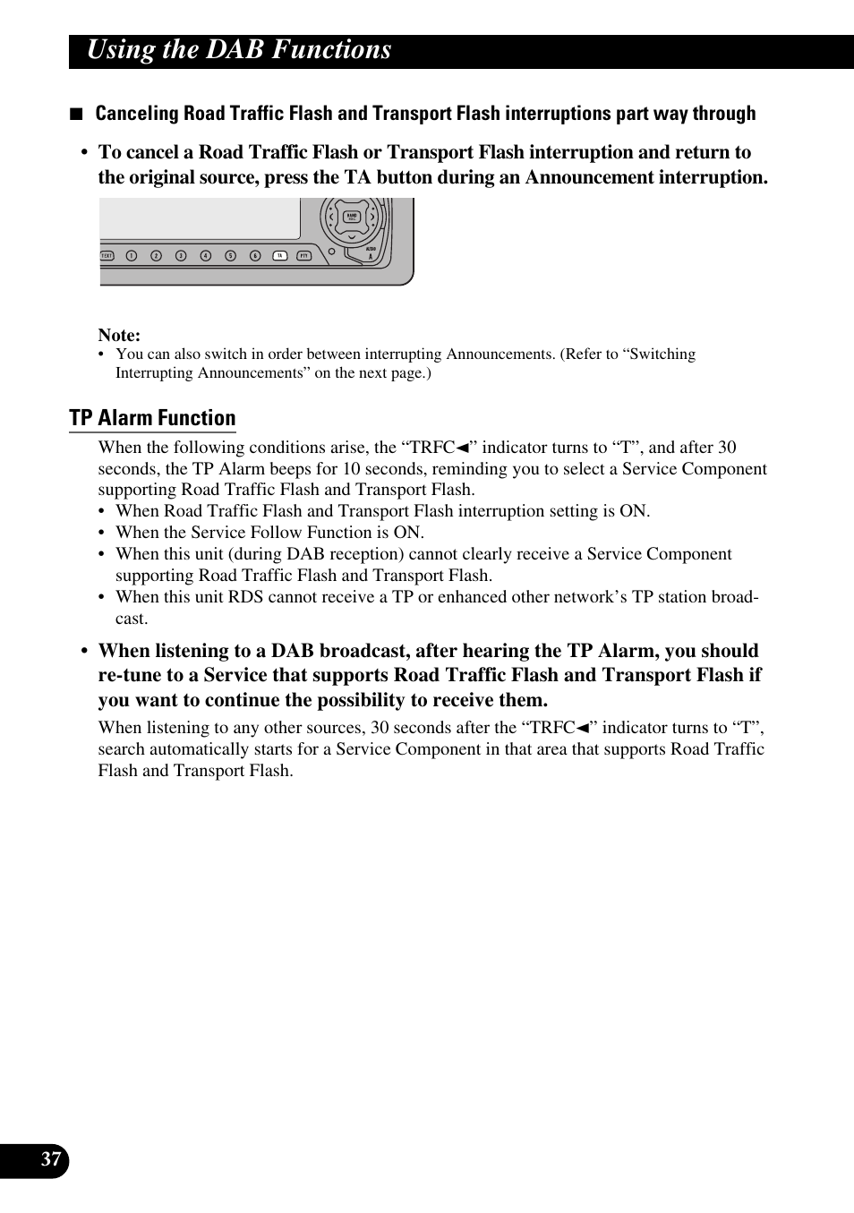 Tp alarm function, Using the dab functions | Pioneer DEH-P90DAB User Manual | Page 38 / 148