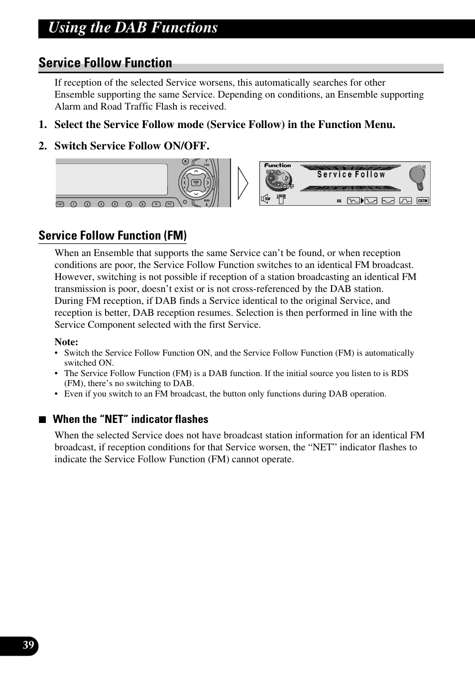 Service follow function, Service follow function (fm), Using the dab functions | Pioneer DEH-P90DAB User Manual | Page 40 / 148