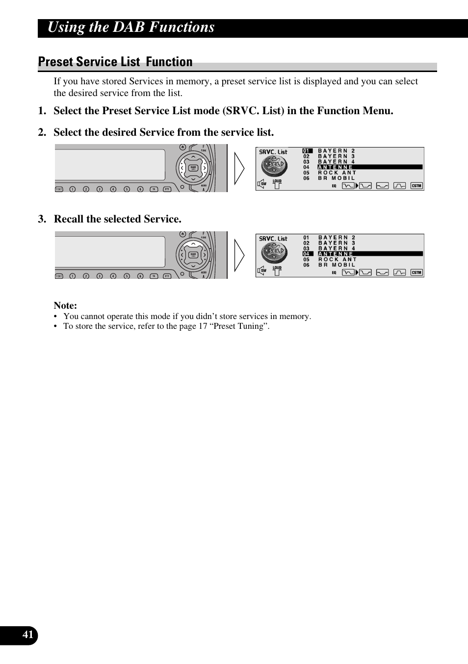 Preset service list function, Using the dab functions | Pioneer DEH-P90DAB User Manual | Page 42 / 148
