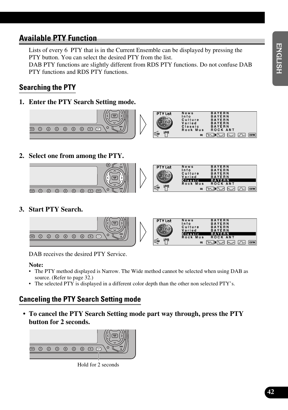 Available pty function, Searching the pty, Cancelling the pty search setting mode | Canceling the pty search setting mode | Pioneer DEH-P90DAB User Manual | Page 43 / 148