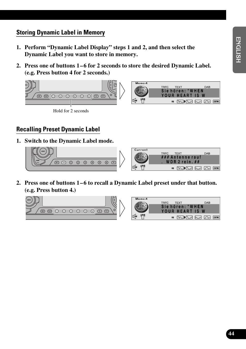 Storing dynamic label in memory, Recalling preset dynamic label | Pioneer DEH-P90DAB User Manual | Page 45 / 148