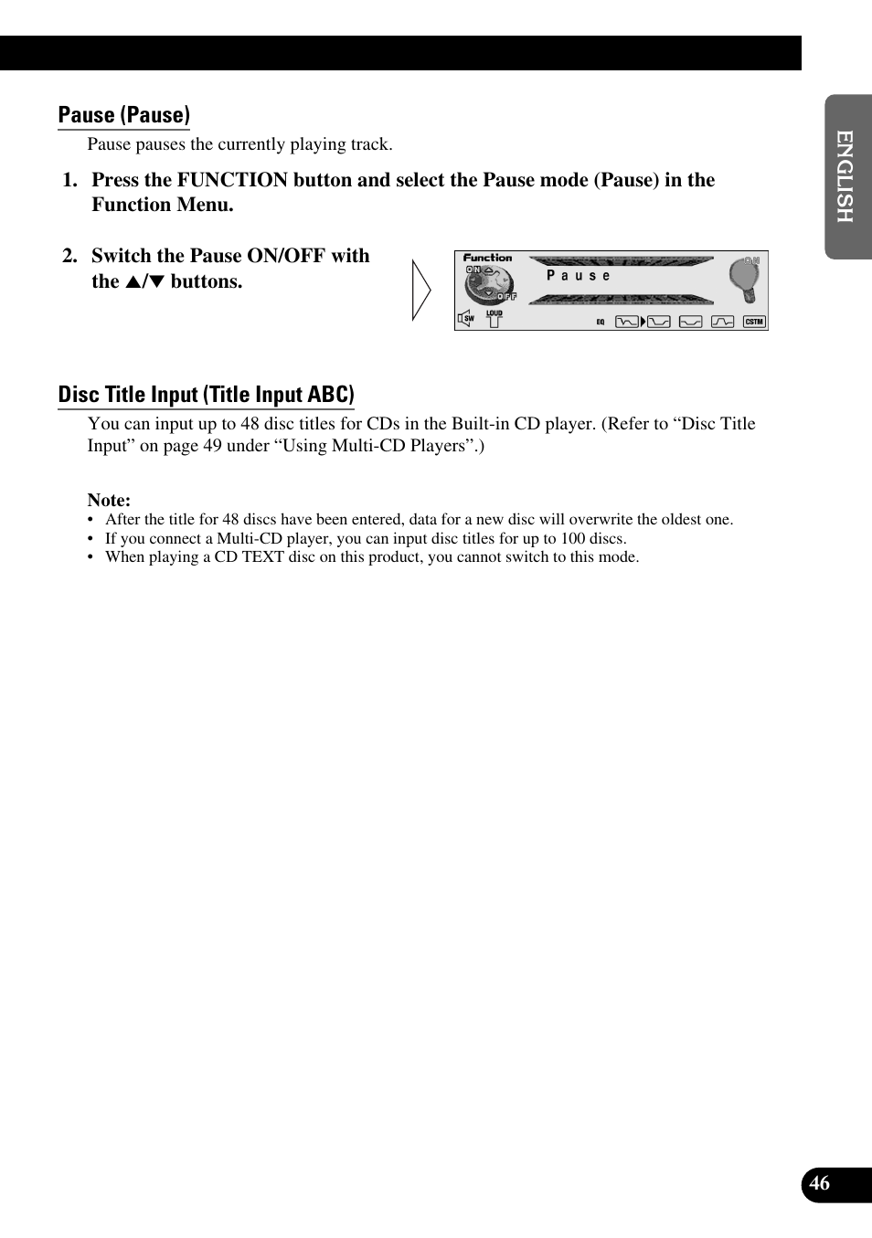 Pause (pause), Disc title input (title input abc) | Pioneer DEH-P90DAB User Manual | Page 47 / 148