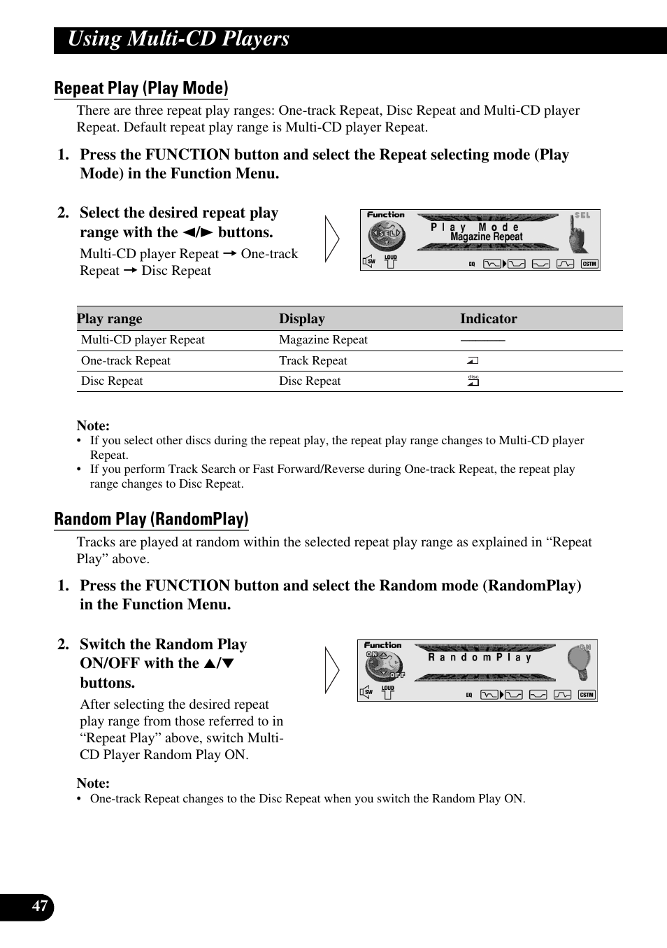 Using multi-cd players, Repeat play (play mode), Random play (randomplay) | Pioneer DEH-P90DAB User Manual | Page 48 / 148