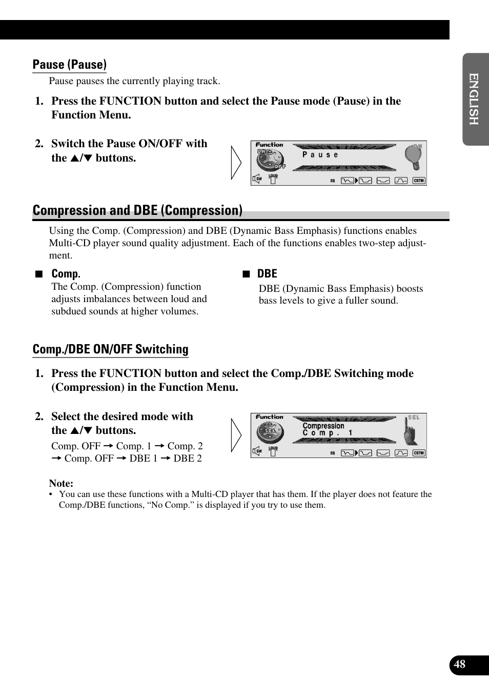 Pause (pause), Compression and dbe (compression), Comp./dbe on/off switching | Pioneer DEH-P90DAB User Manual | Page 49 / 148