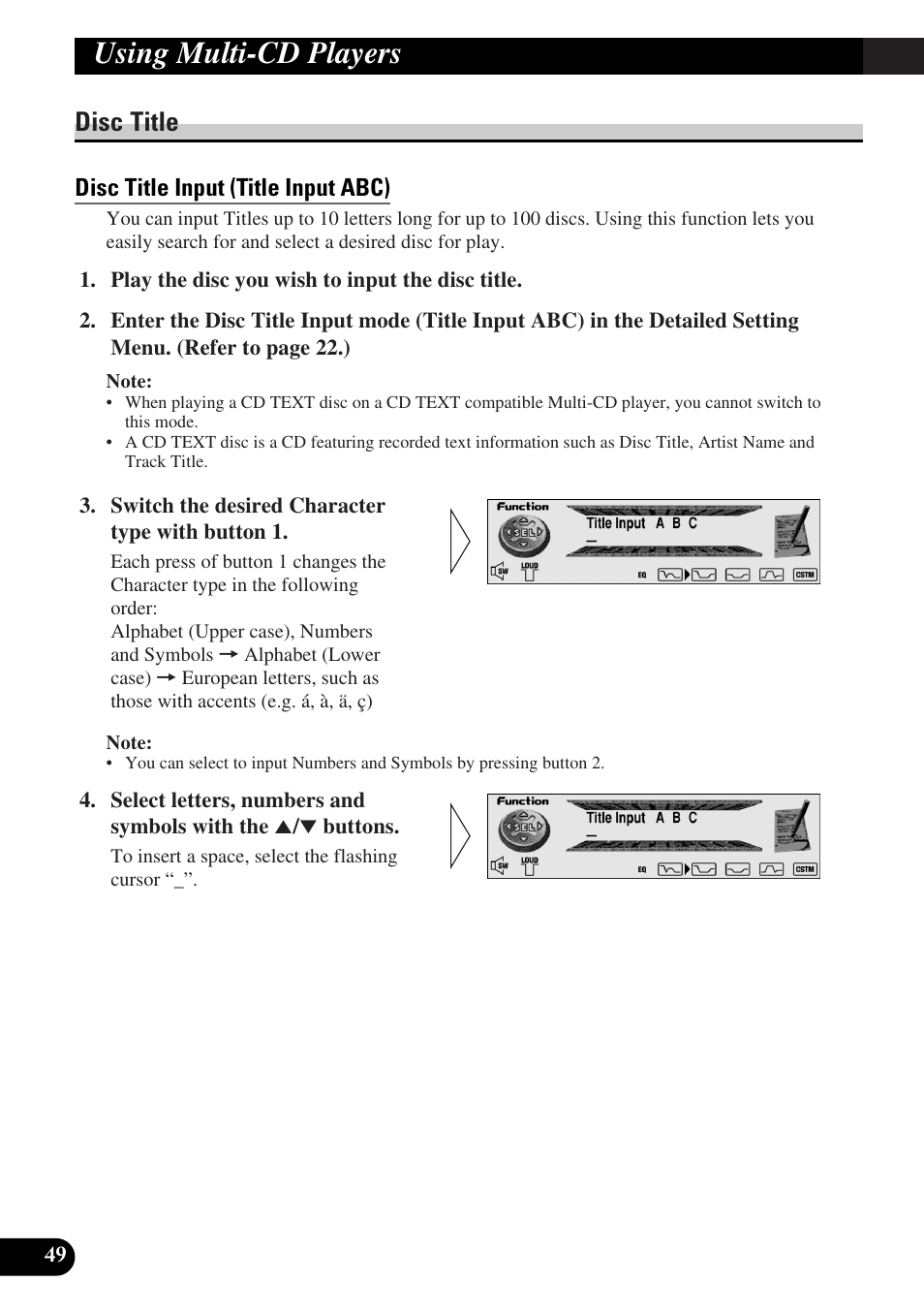 Disc title, Disc title input (title input abc), Using multi-cd players | Pioneer DEH-P90DAB User Manual | Page 50 / 148