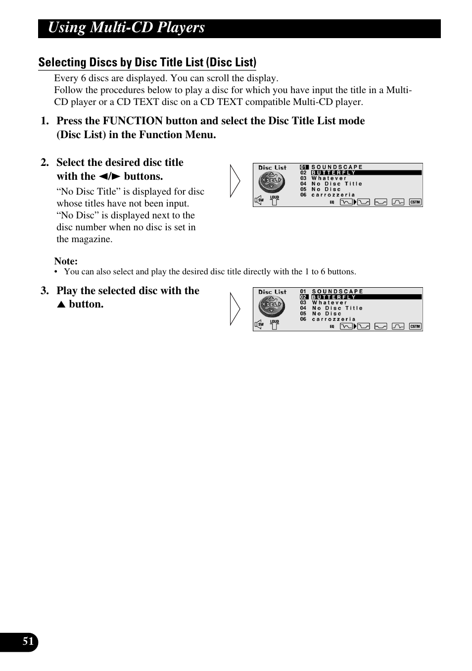 Selecting discs by disc title list (disc list), Using multi-cd players | Pioneer DEH-P90DAB User Manual | Page 52 / 148