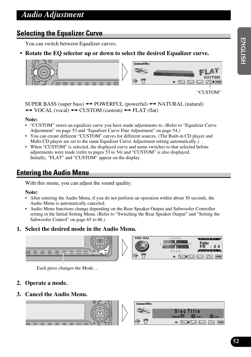 Audio adjustment, Selecting the equalizer curve, Entering the audio menu | Pioneer DEH-P90DAB User Manual | Page 53 / 148