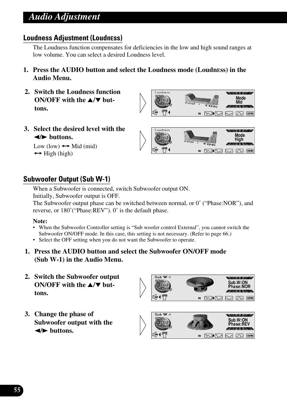 Loudness adjustment (loudn, Subwoofer output (sub w-1), Audio adjustment | Pioneer DEH-P90DAB User Manual | Page 56 / 148