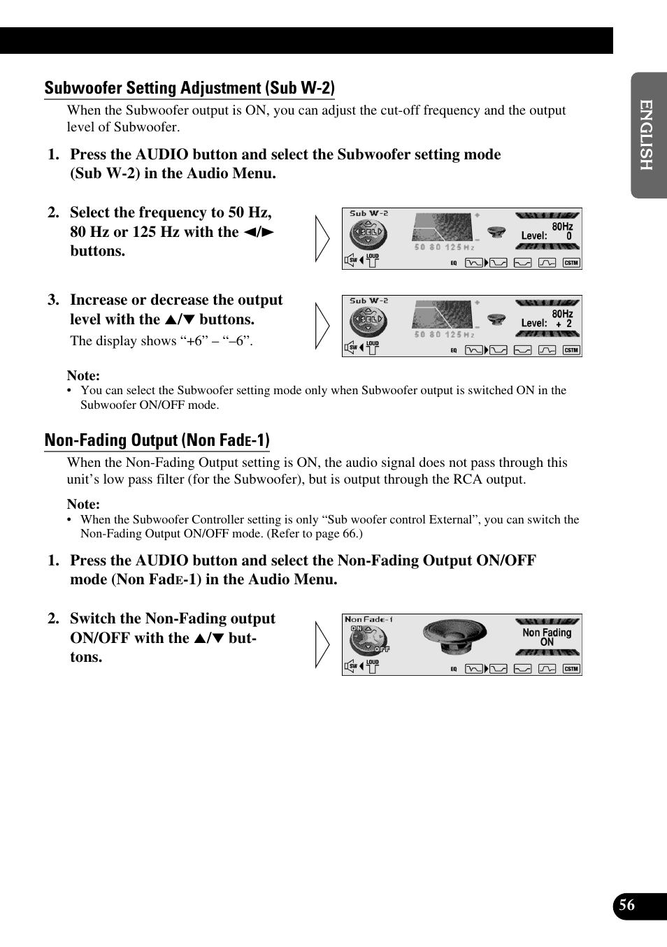 Subwoofer setting adjustment (sub w-2), Non fading output (non fad, Non-fading output (non fad | Pioneer DEH-P90DAB User Manual | Page 57 / 148