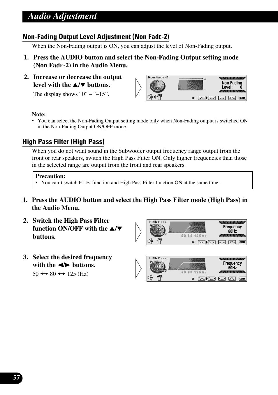 Non fading output level adjustment, Non fad, High pass filter (high pass) | Audio adjustment, Non-fading output level adjustment (non fad | Pioneer DEH-P90DAB User Manual | Page 58 / 148