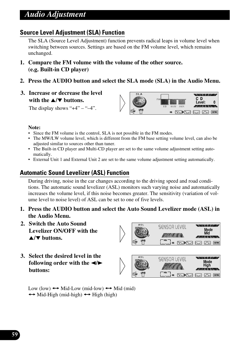 Source level adjustment (sla) function, Automatic sound levelizer (asl) function, Audio adjustment | Pioneer DEH-P90DAB User Manual | Page 60 / 148