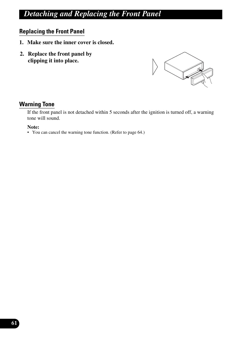 Replacing the front panel, Warning tone, Detaching and replacing the front panel | Pioneer DEH-P90DAB User Manual | Page 62 / 148