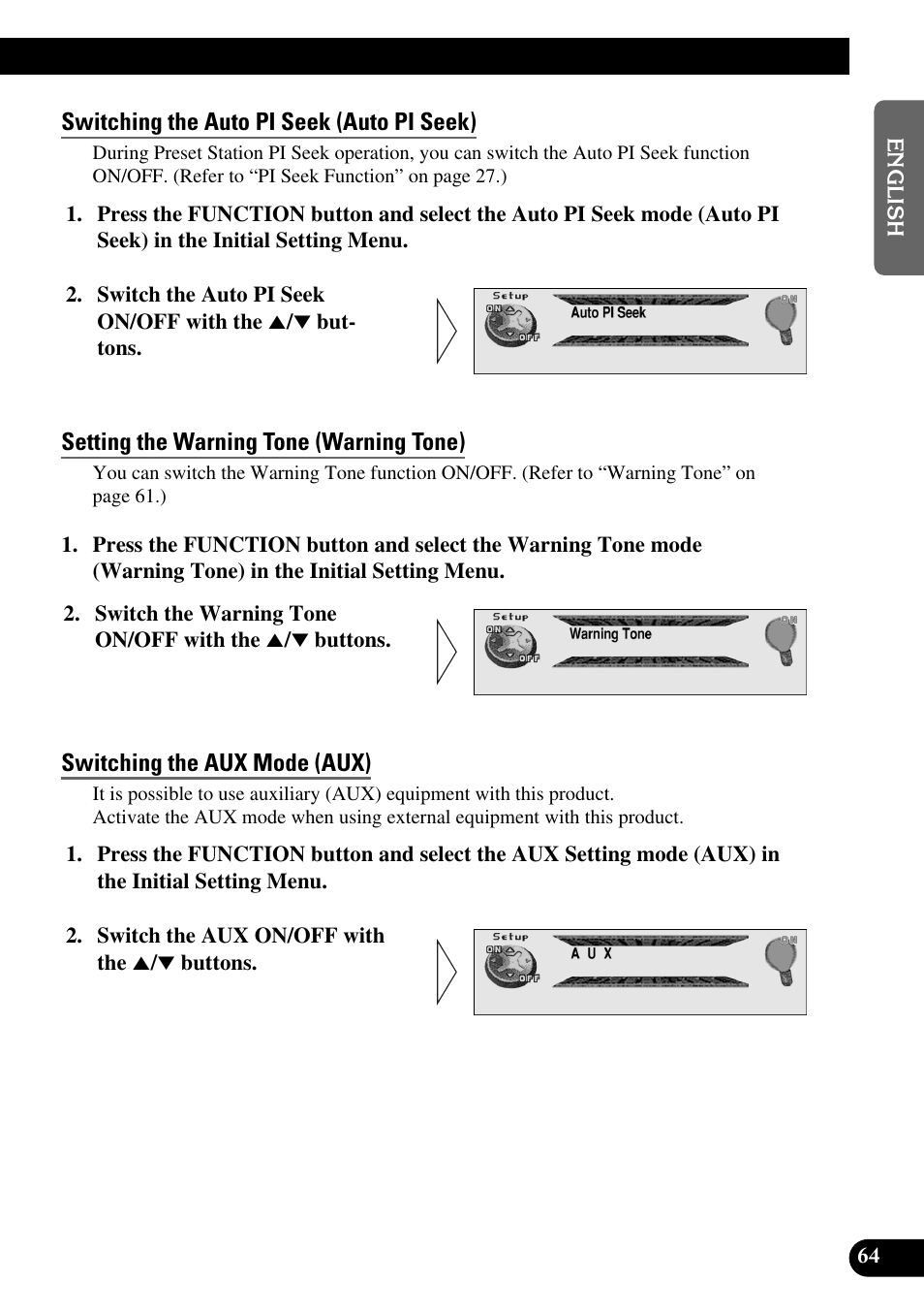 Switching the auto pi seek (auto pi seek), Setting the warning tone (warning tone), Switching the aux mode (aux) | Pioneer DEH-P90DAB User Manual | Page 65 / 148