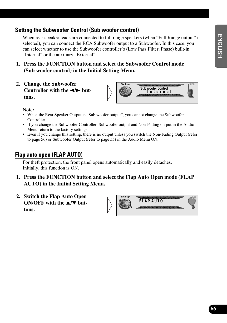Setting the subwoofer control (sub woofer control), Flap auto open (flap auto) | Pioneer DEH-P90DAB User Manual | Page 67 / 148