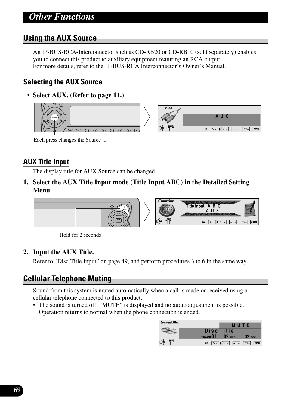 Using the aux source, Selecting the aux source, Aux title input | Cellular telephone muting, Other functions | Pioneer DEH-P90DAB User Manual | Page 70 / 148