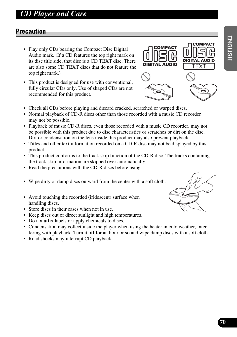 Cd player and care, Precaution | Pioneer DEH-P90DAB User Manual | Page 71 / 148