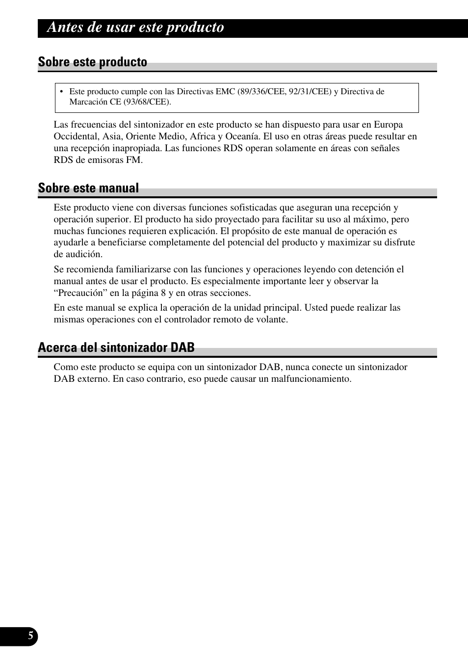 Antes de usar este producto, Sobre este producto, Sobre este manual | Acerca del sintonizador dab | Pioneer DEH-P90DAB User Manual | Page 78 / 148
