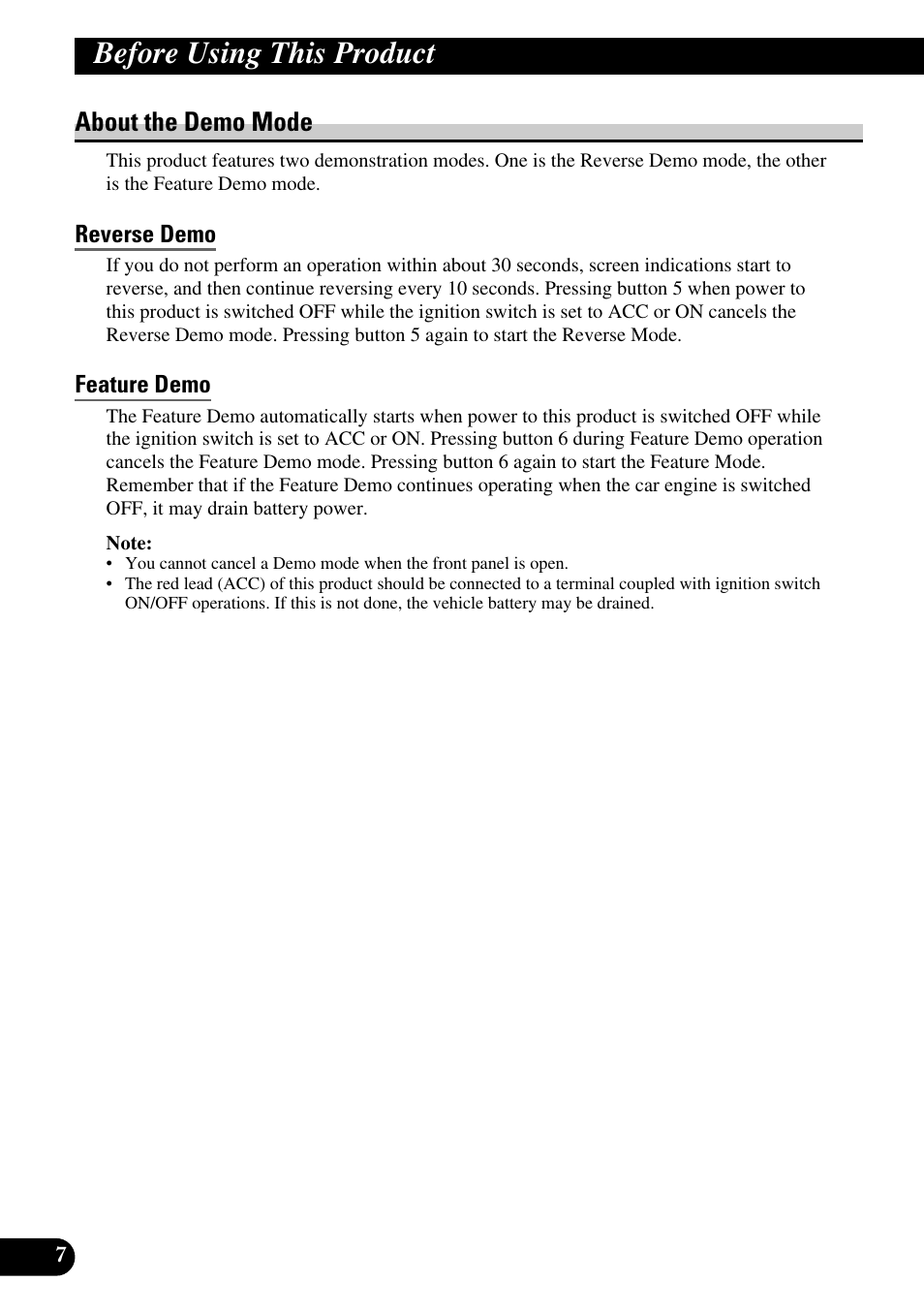 About the demo mode, Reverse demo, Feature demo | Before using this product | Pioneer DEH-P90DAB User Manual | Page 8 / 148