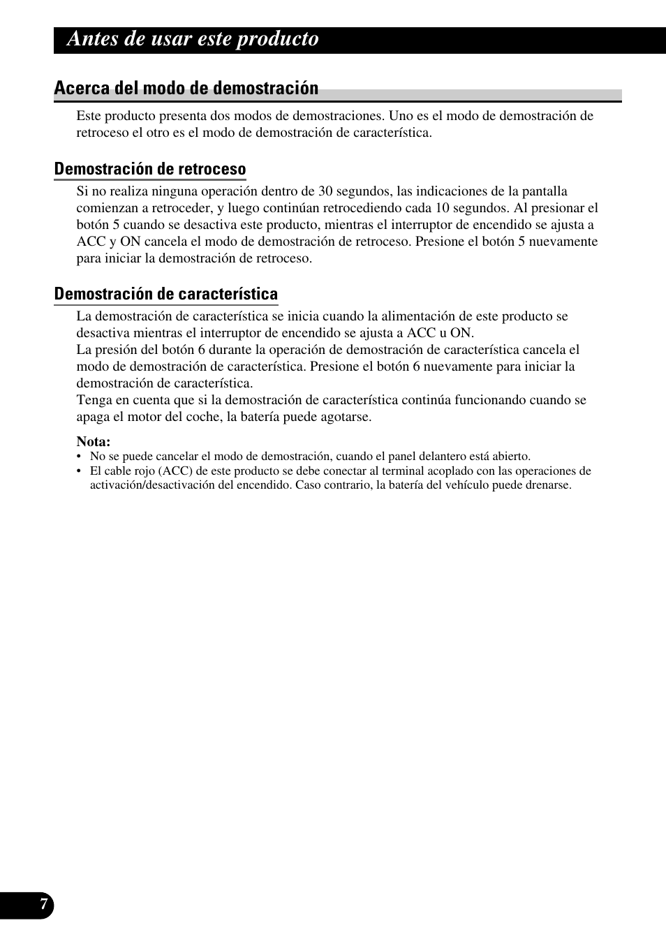 Acerca del modo de demostración, Demostración de retroceso, Demostración de característica | Antes de usar este producto | Pioneer DEH-P90DAB User Manual | Page 80 / 148