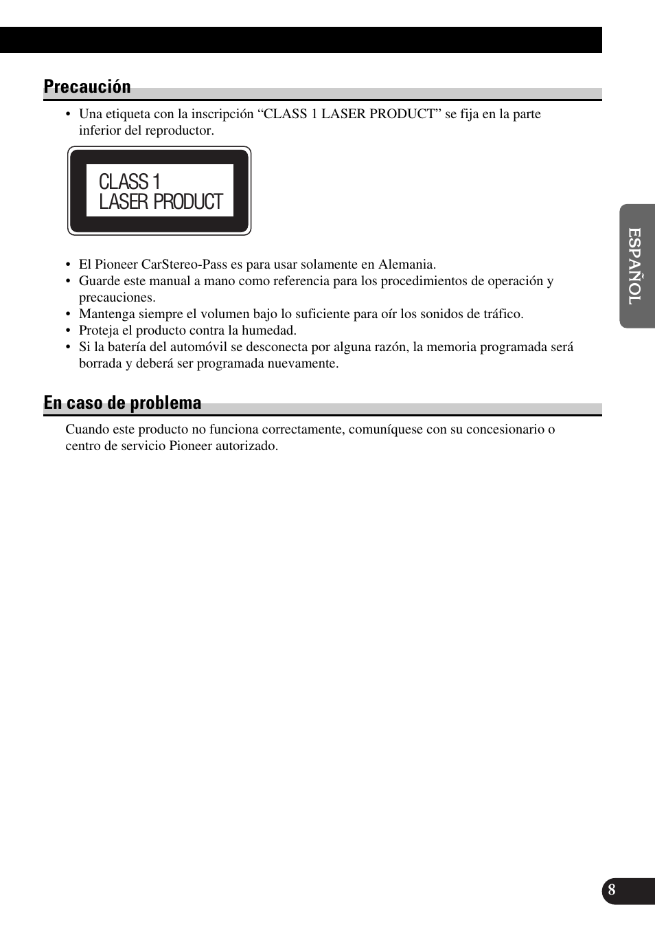 Precaución en caso de problema, Class 1 laser product, Precaución | En caso de problema | Pioneer DEH-P90DAB User Manual | Page 81 / 148