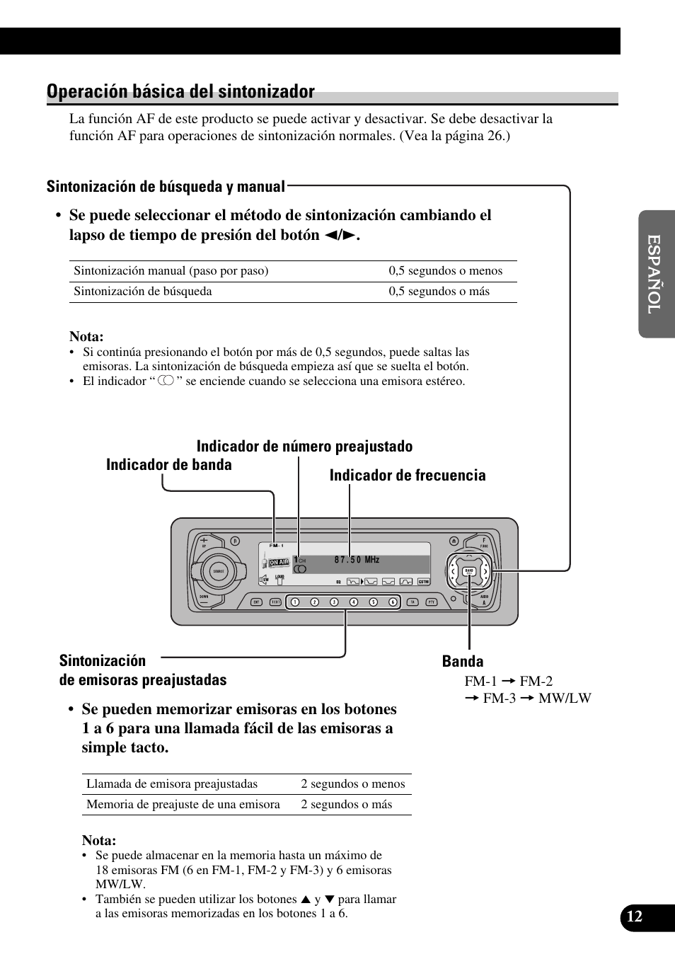 Operación básica del sintonizador, Sintonización de búsqueda y manual, Sintonización de emisoras preajustadas | Banda | Pioneer DEH-P90DAB User Manual | Page 85 / 148