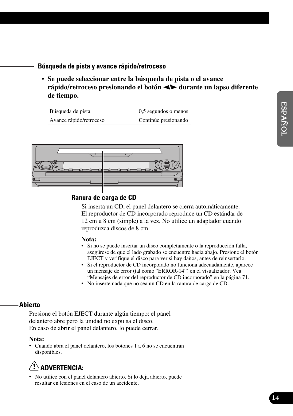 Búsqueda de pista y avance rápido/retroceso, Ranura de carga de cd, Abierto | Pioneer DEH-P90DAB User Manual | Page 87 / 148