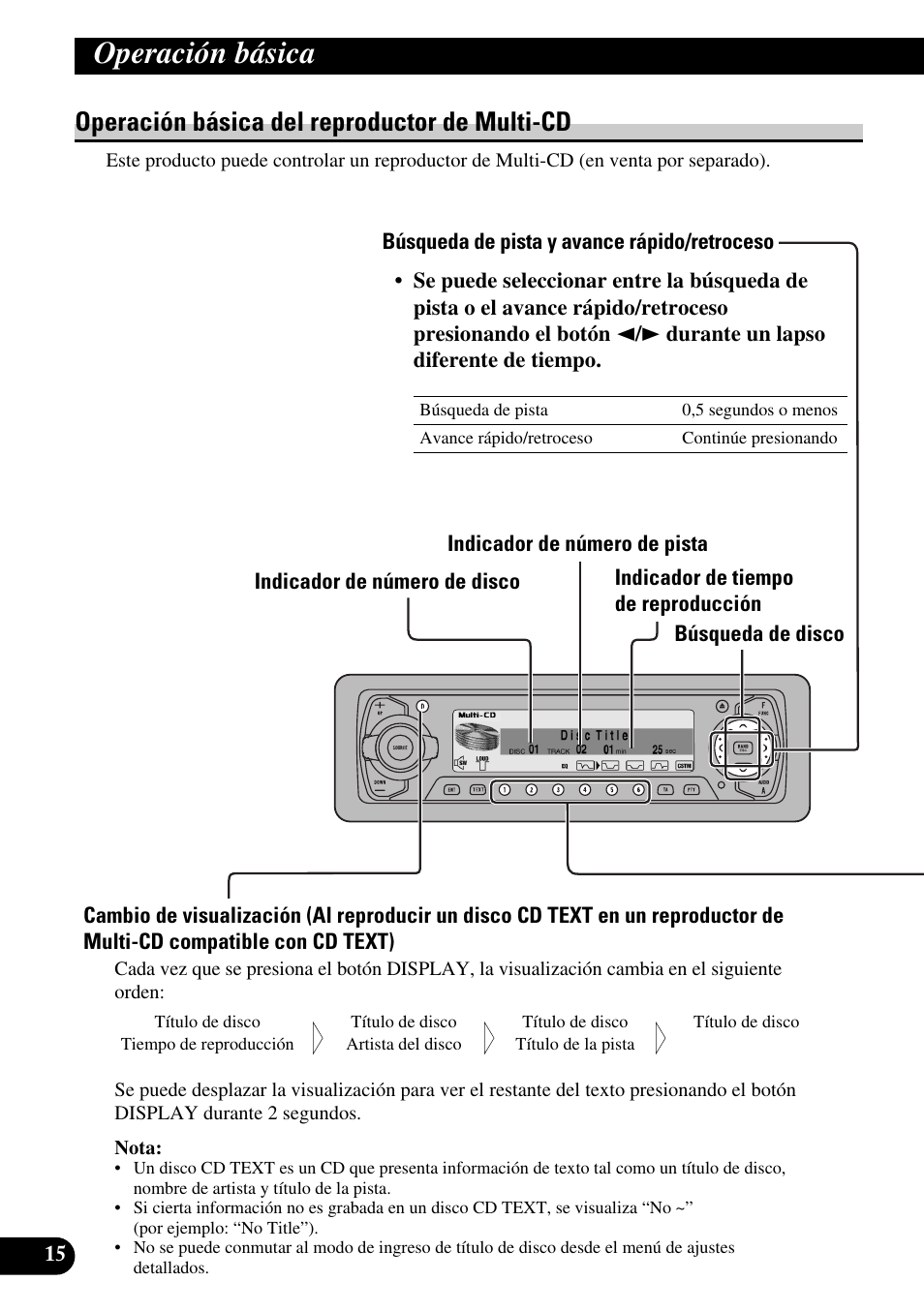 Operación básica del reproductor, De multi-cd, Búsqueda de pista y avance rápido/retroceso | Búsqueda de disco, Operación básica, Operación básica del reproductor de multi-cd | Pioneer DEH-P90DAB User Manual | Page 88 / 148