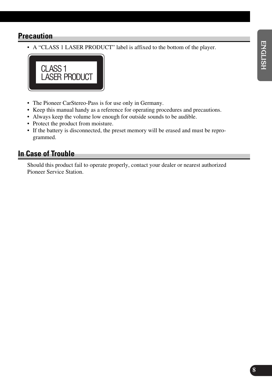 Precaution in case of trouble, Class 1 laser product, Precaution | Pioneer DEH-P90DAB User Manual | Page 9 / 148