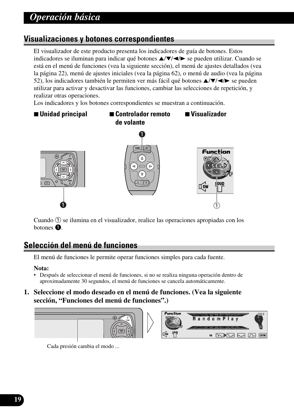 Operación básica, Visualizaciones y botones correspondientes, Selección del menú de funciones | Pioneer DEH-P90DAB User Manual | Page 92 / 148