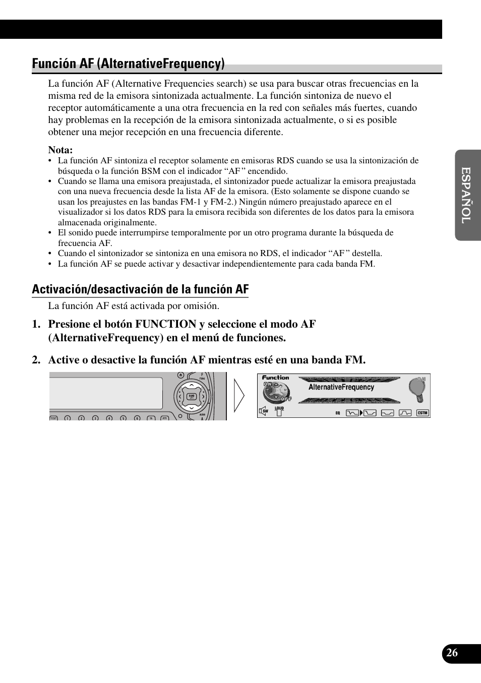 Función af (alternativefrequency), Activación/desactivación de la función af | Pioneer DEH-P90DAB User Manual | Page 99 / 148