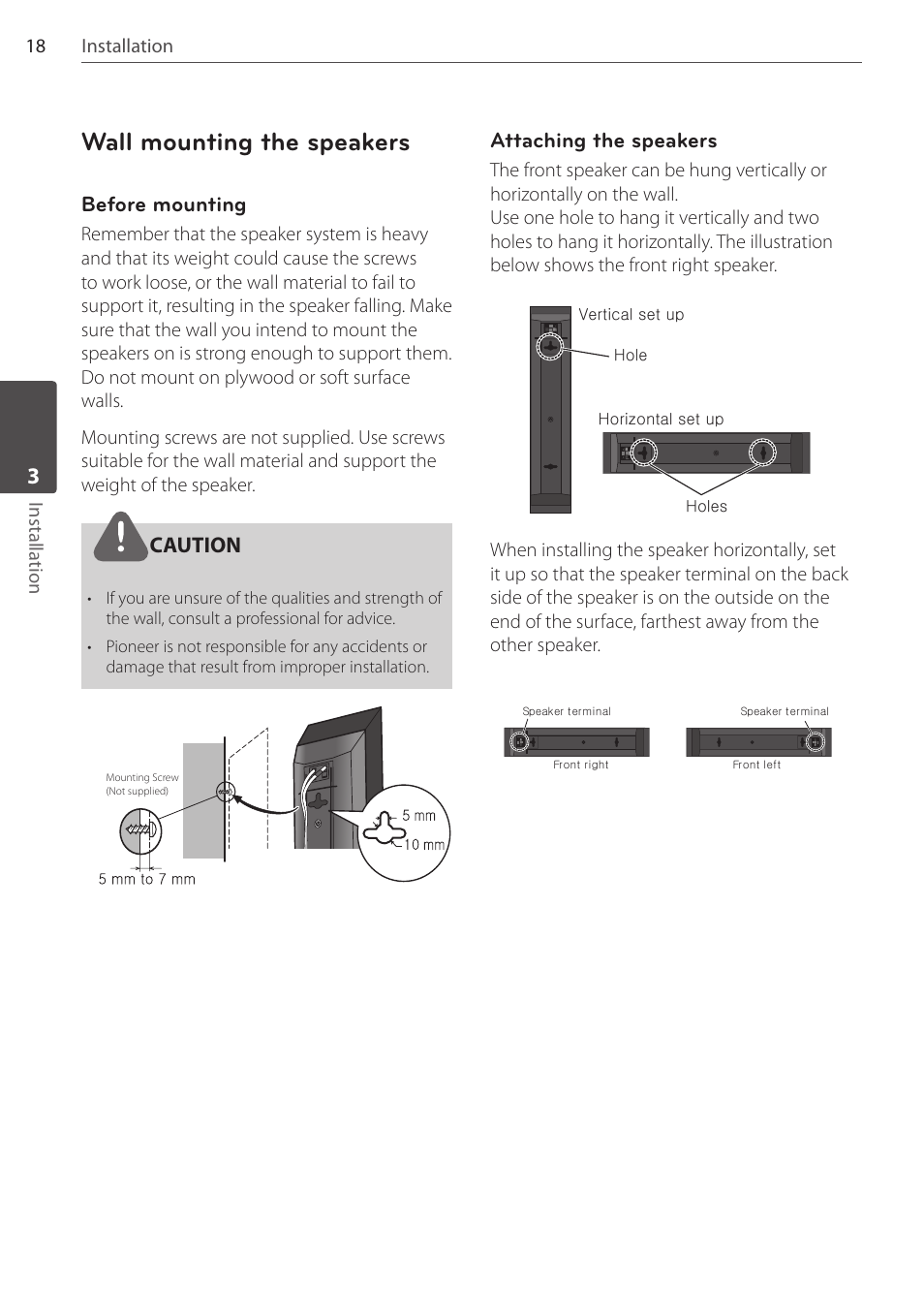 Wall mounting the speakers, Before mounting, Caution | Attaching the speakers, 18 installation installa tion | Pioneer DCS-FS303K User Manual | Page 18 / 48