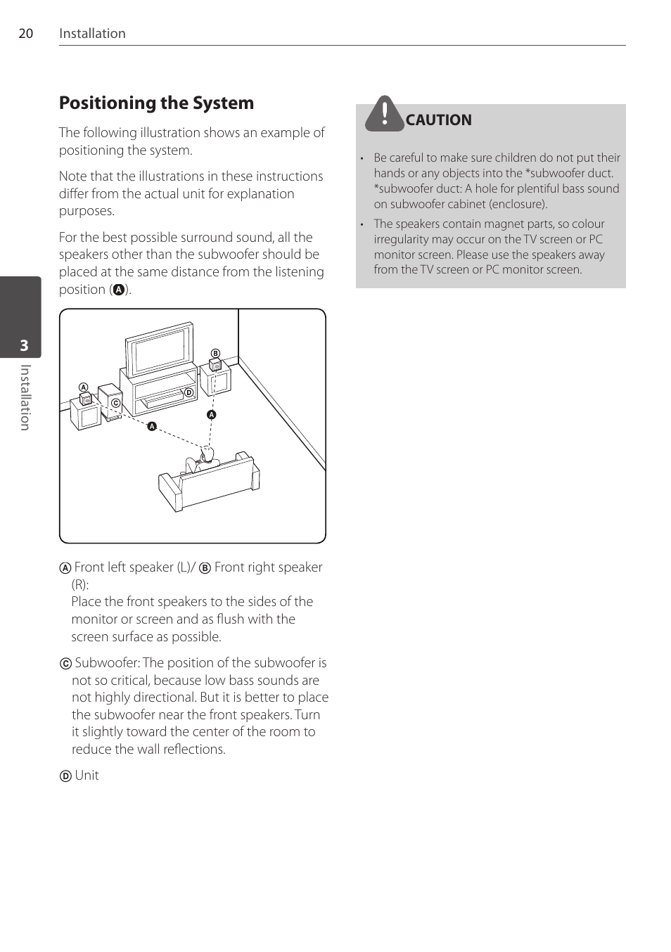 Positioning the system, Caution | Pioneer DCS-FS303K User Manual | Page 20 / 48