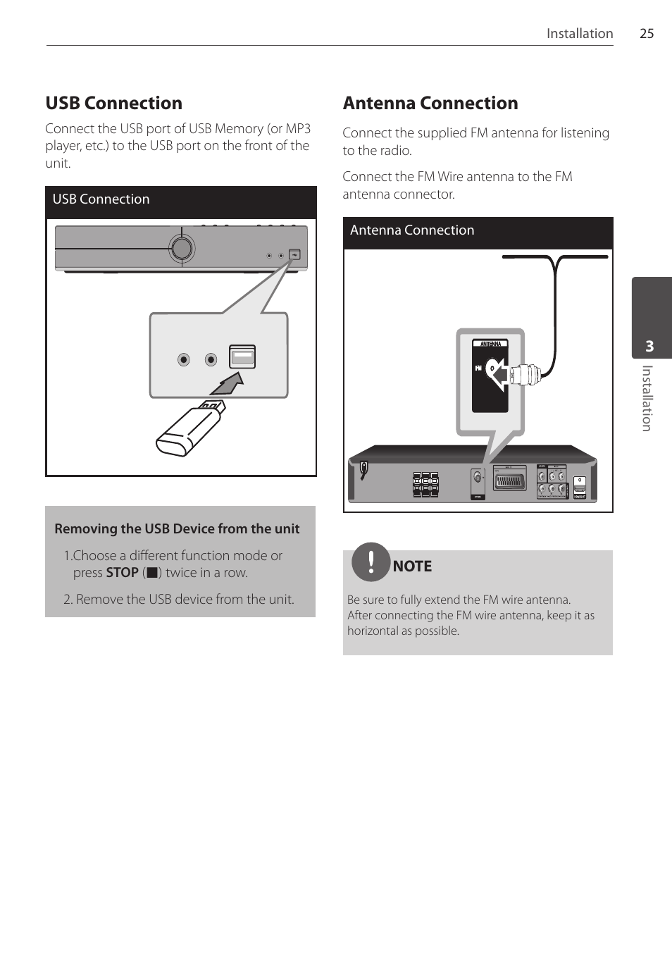 Usb connection, Antenna connection | Pioneer DCS-FS303K User Manual | Page 25 / 48