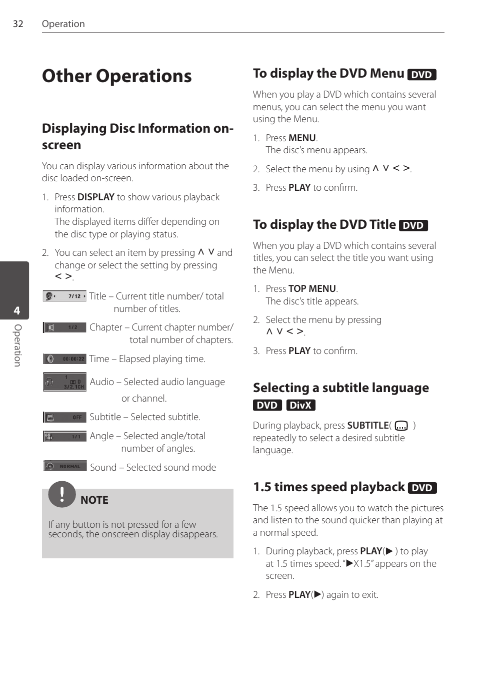 Other operations, Displaying disc information on- screen, Selecting a subtitle language | 5 times speed playback | Pioneer DCS-FS303K User Manual | Page 32 / 48