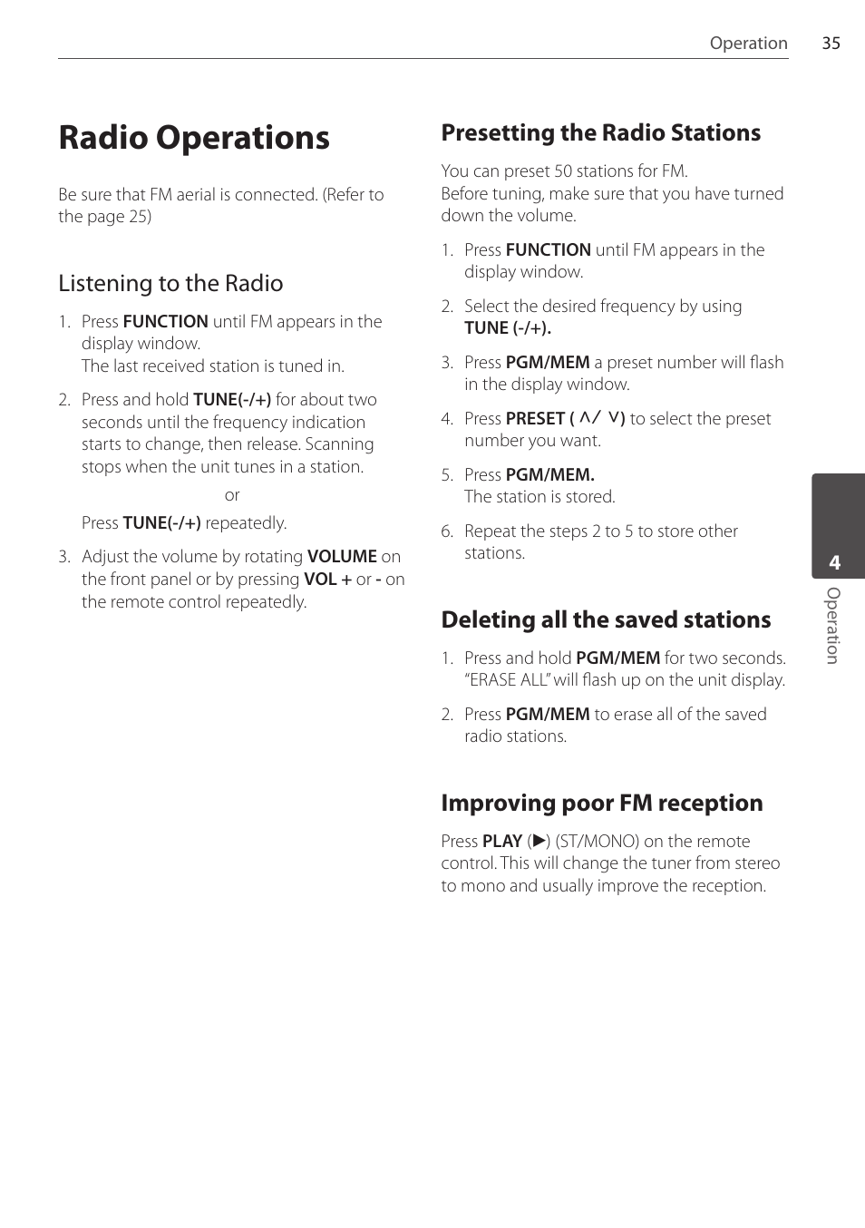 Radio operations, Listening to the radio, Presetting the radio stations | Deleting all the saved stations, Improving poor fm reception | Pioneer DCS-FS303K User Manual | Page 35 / 48