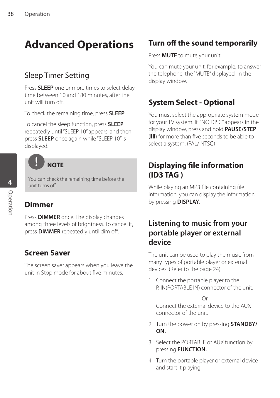 Advanced operations, Sleep timer setting, Dimmer | Screen saver, Turn off the sound temporarily, System select - optional, Displaying file information (id3 tag ) | Pioneer DCS-FS303K User Manual | Page 38 / 48