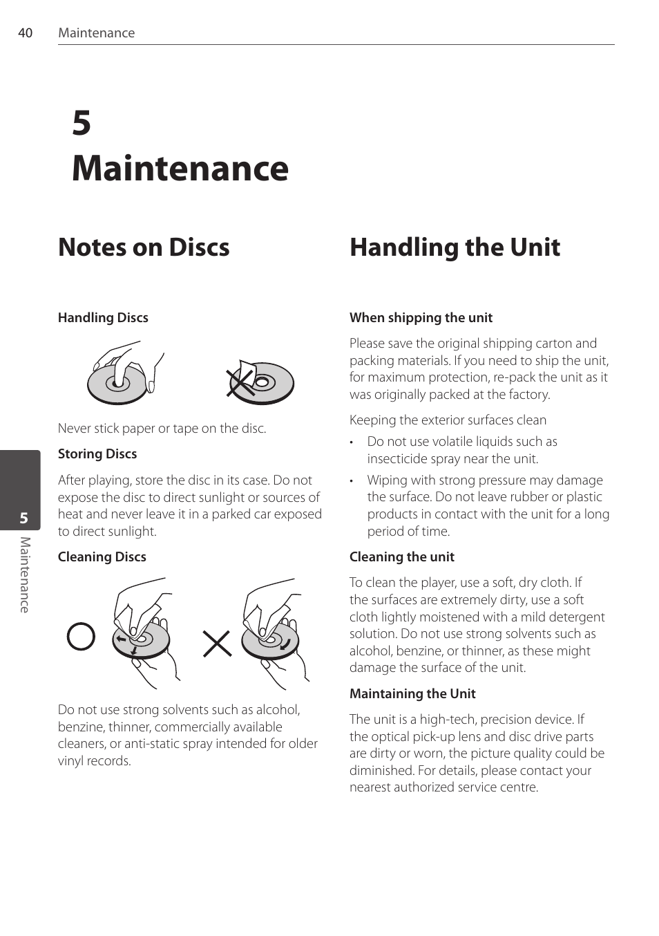 5maintenance, Handling the unit | Pioneer DCS-FS303K User Manual | Page 40 / 48