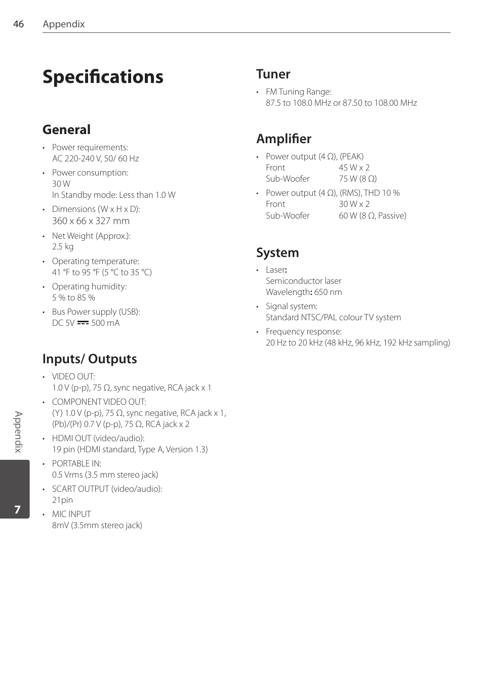 Specifications, General, Inputs/ outputs | Tuner, Amplifier, System | Pioneer DCS-FS303K User Manual | Page 46 / 48