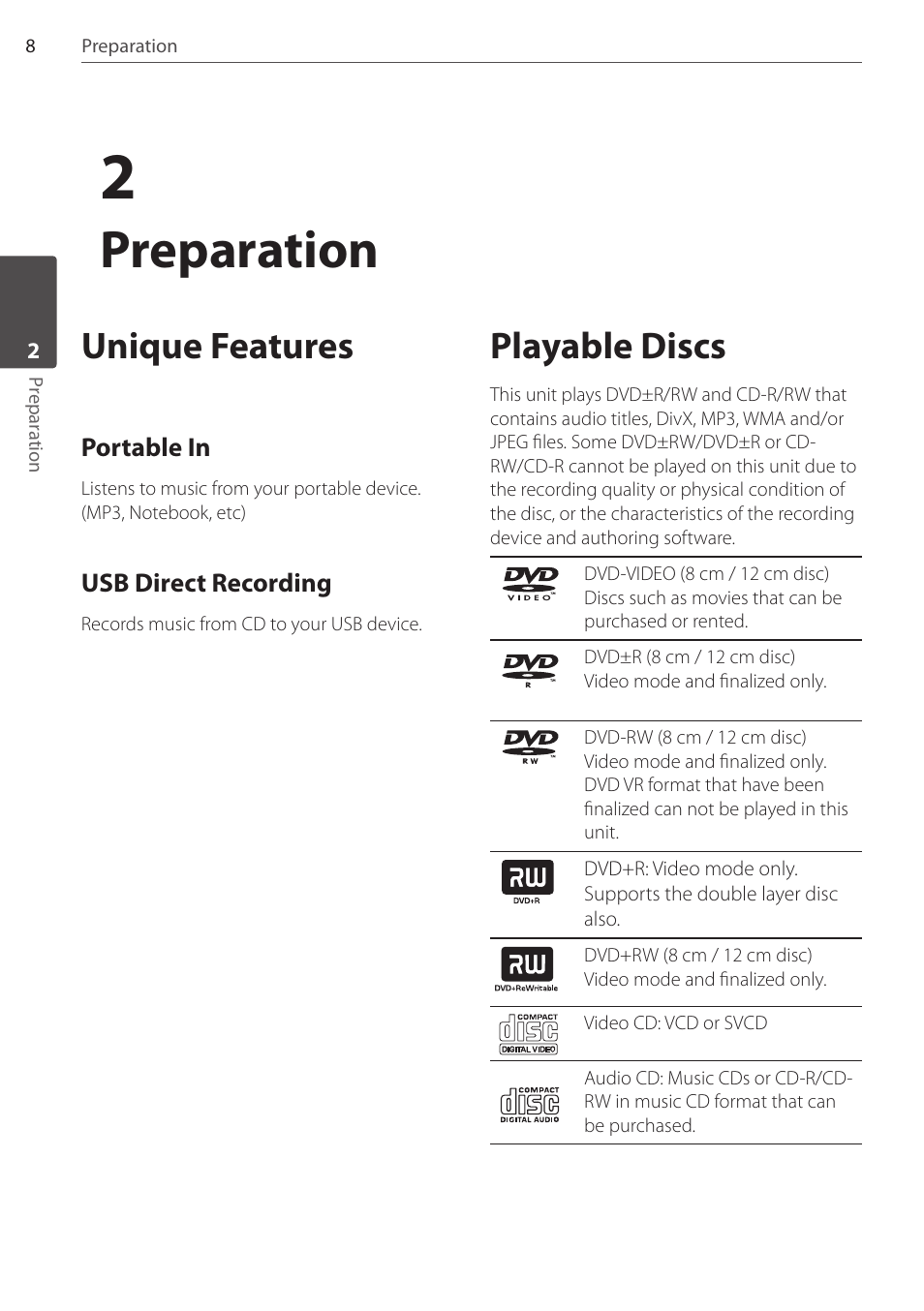 Preparation, Unique features, Playable discs | Pioneer DCS-FS303K User Manual | Page 8 / 48